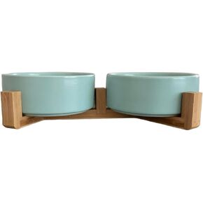 Double Ceramic Pet Bowl with Wooden Stand Double Ceramic Cat Bowl with Wood Stand Light Blue 13.5 oz Each one