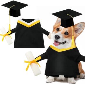 2 PCS Dog Graduation Cap and Gown 2025 Cog Graduation Cortume Set Puppy Grad Hat with Gold شرابات الحيوانات الأليفة مع هدايا الأسلحة للقطط جرو الحفلات غراد أزياء العطلة (أسود ، ق)