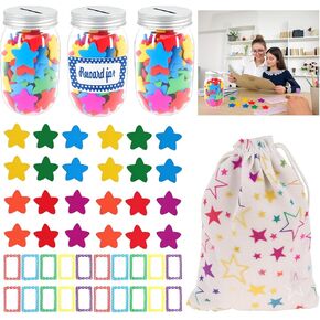 Star Reward Jar for Kid, 3 Pcs Reward Jars for Behavior Token, 200 Pcs Stars, 20 Pcs Name Tags and Gift Bag for Classroom Reward Jars Reward System for Kids Home Behavior Management School