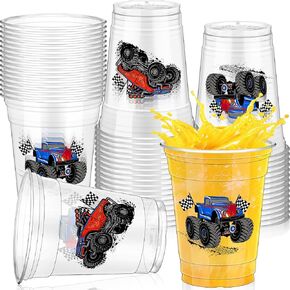 Pickmesh 50 PCS Monster Truck Birthday Cup البلاستيك 12 أوقية وحشًا سميكًا كوبًا صافيًا كوبًا من كوب الشاحنة.
