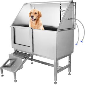 Garvee 50 Inch Dog Grooming Bathtub, Professional 201 Stainless Steel Dog Bathing Tub with Stairs, Floor Grate, Faucet, Left Sliding Door Dog Washing Station for Large, Medium, Small Pets