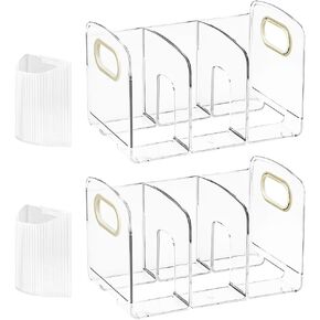 Acrylic File Sorter with Pen Holder, Sturdy Desk File Organizer with Handle, Clear Purse Handbag Storage Desktop Divider File Folder Rack for Home Office Kitchen Supplies 3 Sections (2 Pcs)