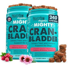 Mighty Paw Whaggables Cran-bladder (صنع في الولايات المتحدة الأمريكية) 2 pack | مكملات التوت البري المطبوخة للكلاب - مضغ التوت البري للكلاب ، دعم المسالك البولية ودعم المثانة ، بنكهة لحم الخنزير المقدد ، 240 مضغ ناعم