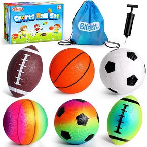 Small Sports Balls for Toddler Pack of 6, 2 Each of 5" Football, Basketball, Soccer for Playground, Toy Balls Inflatable Multi-Sport Ball Set with 1 Pump for Indoor and Outdoor Activities