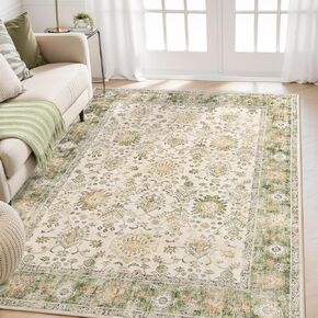 Lahome Pink Floral 8x10 Rug Non Slip, Washable Large Rugs for Living Room Ultra-Thin Boho Rugs for Bedroom, Vintage Floral Print Carpet Rug for Dining Room Nursery Room Dorm Classroom (Pink, 8' x 10')