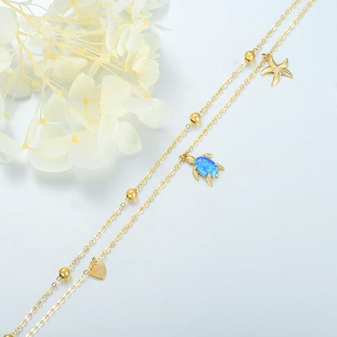 Solid 14K Gold Sea Turtle Anklet for Women,14kt Real Gold Blue Opal Sea Starfish Anklet Summer Beach Foot Jewelry Gifts for Wife Mom Christmas Birthday, 8''+2'' in Saudi Arabia
