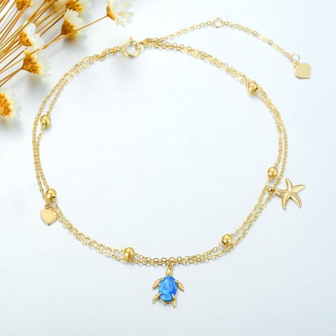 Solid 14K Gold Sea Turtle Anklet for Women,14kt Real Gold Blue Opal Sea Starfish Anklet Summer Beach Foot Jewelry Gifts for Wife Mom Christmas Birthday, 8''+2'' in Saudi Arabia