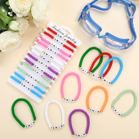 Tondiamo 24 Pack Polymer Clay Beaded Swim Bracelet Bulk Stretch Swim Bracelet for Swim Team Gift Blue Swim Lover Player Gift Valentine Party Charm Jewelry Bracelet Favor in Kuwait