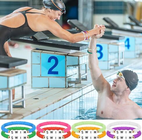 Tondiamo 24 Pack Polymer Clay Beaded Swim Bracelet Bulk Stretch Swim Bracelet for Swim Team Gift Blue Swim Lover Player Gift Valentine Party Charm Jewelry Bracelet Favor in Kuwait