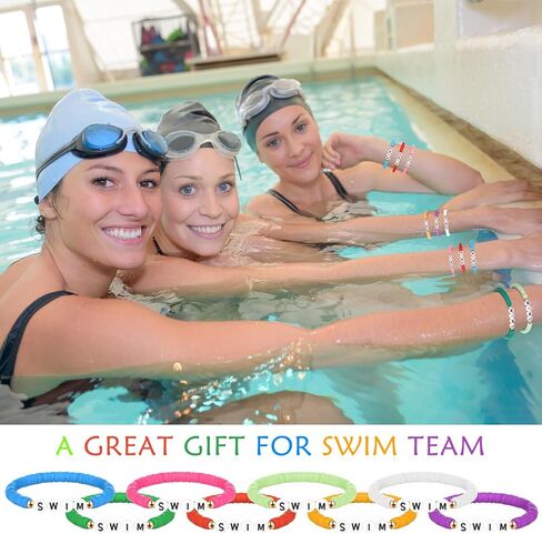 Tondiamo 24 Pack Polymer Clay Beaded Swim Bracelet Bulk Stretch Swim Bracelet for Swim Team Gift Blue Swim Lover Player Gift Valentine Party Charm Jewelry Bracelet Favor in Kuwait