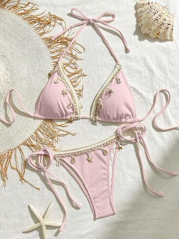 Women's Shell Decoration Boho Bathing Suit Halter High Waist Summer Swimsuit Bikinis Set in Saudi Arabia