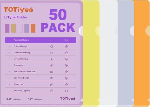 TOTIYEA 50 Pack Clear Folder ، مجلدات من النوع L البلاستيكي ، Clear Copy Safe Project Project Pocket ، Fits Letter Size 8.5x11 Paper ، شفاف in Kuwait