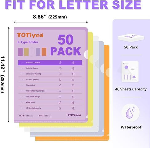 TOTIYEA 50 Pack Clear Folder ، مجلدات من النوع L البلاستيكي ، Clear Copy Safe Project Project Pocket ، Fits Letter Size 8.5x11 Paper ، شفاف in Kuwait