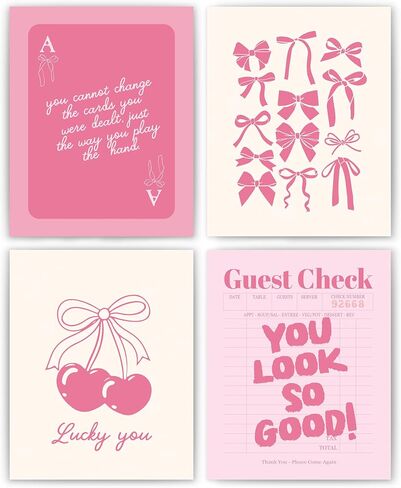okaxscm Navy Coquette Trendy Preppy Wall Art Prints Set of 4, Coquette Room Decor, Preppy Room Decor Aesthetic, Blue Cherry Bow Wall Decor Posters for Girls Bedroom Dorm, 8x10 Unframed in Kuwait