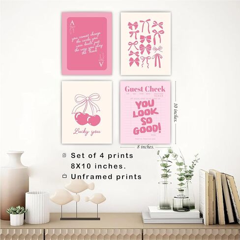 okaxscm Navy Coquette Trendy Preppy Wall Art Prints Set of 4, Coquette Room Decor, Preppy Room Decor Aesthetic, Blue Cherry Bow Wall Decor Posters for Girls Bedroom Dorm, 8x10 Unframed in Kuwait
