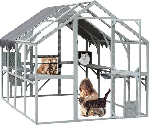 110'' Large Catio Outdoor Cat Enclosure,2 in 1 Cat Enclosure & Walk in Large Chicken Coop, Pet Cage Playpen with Weatherproof Roof, Multiple Platforms, Bouncy Bridges & Resting Houses White-1 in Saudi Arabia
