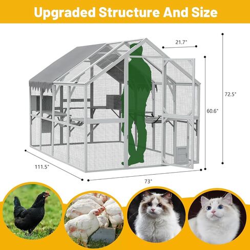 110'' Large Catio Outdoor Cat Enclosure,2 in 1 Cat Enclosure & Walk in Large Chicken Coop, Pet Cage Playpen with Weatherproof Roof, Multiple Platforms, Bouncy Bridges & Resting Houses White-1 in Saudi Arabia