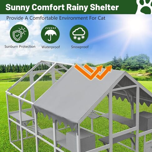 110'' Large Catio Outdoor Cat Enclosure,2 in 1 Cat Enclosure & Walk in Large Chicken Coop, Pet Cage Playpen with Weatherproof Roof, Multiple Platforms, Bouncy Bridges & Resting Houses White-1 in Saudi Arabia