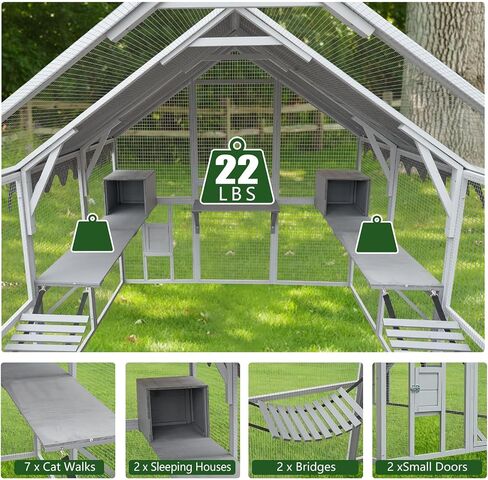 110'' Large Catio Outdoor Cat Enclosure,2 in 1 Cat Enclosure & Walk in Large Chicken Coop, Pet Cage Playpen with Weatherproof Roof, Multiple Platforms, Bouncy Bridges & Resting Houses White-1 in Saudi Arabia