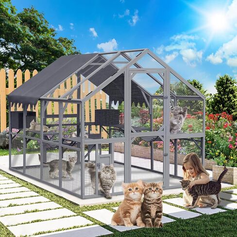 110'' Large Catio Outdoor Cat Enclosure,2 in 1 Cat Enclosure & Walk in Large Chicken Coop, Pet Cage Playpen with Weatherproof Roof, Multiple Platforms, Bouncy Bridges & Resting Houses White-1 in Saudi Arabia