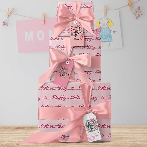 GIOLNIAY Mother's Day Wrapping Paper - Pink & Red Happy Mother's Day Design for Mom Birthday Gift Wrap - 28 x 40 Inches, 4 Folded Sheets, Easy to Store in Kuwait