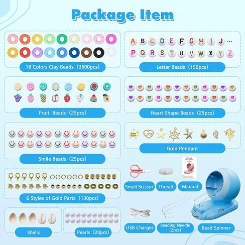 ETUDAW Clay Bead Spinner for Jewelry Making, Rechargeable Cordless Electric Bead Spinner, 4500PCS Clay Bead Bracelet Making Kit with Dual Needles and Adjustable Speed for Holidays, Birthdays in Saudi Arabia