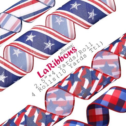 LaRibbons Floral Ribbon Wired 6 Rolls 2.5 Inch x 36 Yards TTL, Yellow Green and Pink Butterfly Flower Ribbon with Plaid and Polka Dot Printed for Spring Summer Crafts Wrapping Wreath Bow Decoration in Saudi Arabia