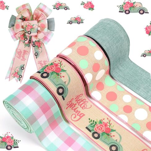 LaRibbons Floral Ribbon Wired 6 Rolls 2.5 Inch x 36 Yards TTL, Yellow Green and Pink Butterfly Flower Ribbon with Plaid and Polka Dot Printed for Spring Summer Crafts Wrapping Wreath Bow Decoration in Saudi Arabia