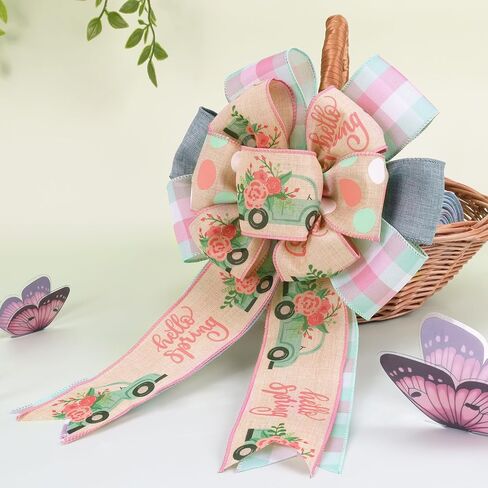 LaRibbons Floral Ribbon Wired 6 Rolls 2.5 Inch x 36 Yards TTL, Yellow Green and Pink Butterfly Flower Ribbon with Plaid and Polka Dot Printed for Spring Summer Crafts Wrapping Wreath Bow Decoration in Saudi Arabia