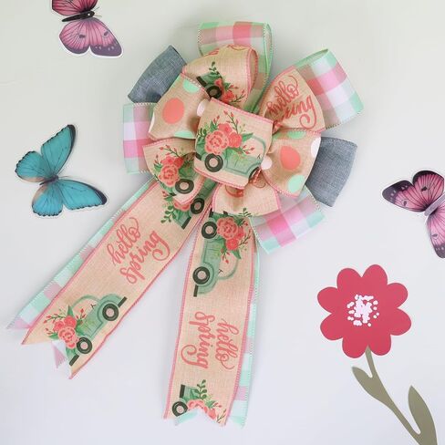 LaRibbons Floral Ribbon Wired 6 Rolls 2.5 Inch x 36 Yards TTL, Yellow Green and Pink Butterfly Flower Ribbon with Plaid and Polka Dot Printed for Spring Summer Crafts Wrapping Wreath Bow Decoration in Saudi Arabia