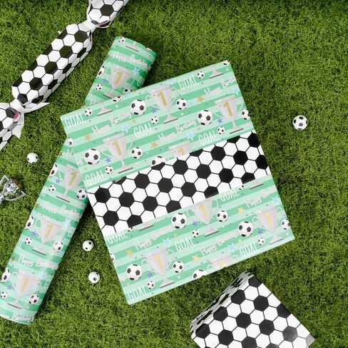 BIOBROWN Reversible Soccer Wrapping Paper for Kids Boys - 17 Inch X 33 Ft - Goal & Trophies Design Sports Gift Wrap Paper for Teens Birthday Party Holiday Soccer Fans in Kuwait