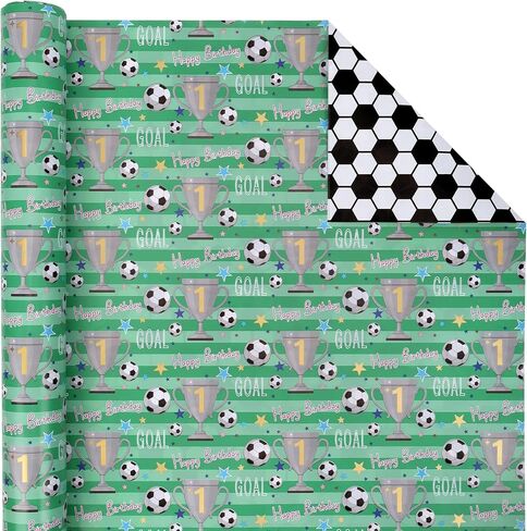 BIOBROWN Reversible Soccer Wrapping Paper for Kids Boys - 17 Inch X 33 Ft - Goal & Trophies Design Sports Gift Wrap Paper for Teens Birthday Party Holiday Soccer Fans in Kuwait