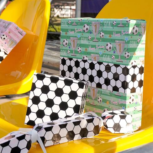 BIOBROWN Reversible Soccer Wrapping Paper for Kids Boys - 17 Inch X 33 Ft - Goal & Trophies Design Sports Gift Wrap Paper for Teens Birthday Party Holiday Soccer Fans in Kuwait