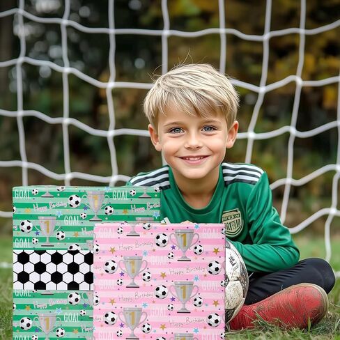 BIOBROWN Reversible Soccer Wrapping Paper for Kids Boys - 17 Inch X 33 Ft - Goal & Trophies Design Sports Gift Wrap Paper for Teens Birthday Party Holiday Soccer Fans in Kuwait