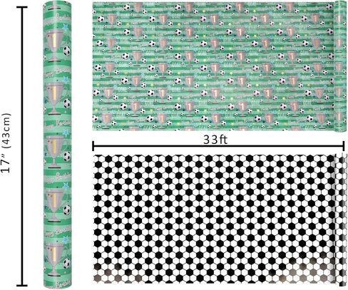 BIOBROWN Reversible Soccer Wrapping Paper for Kids Boys - 17 Inch X 33 Ft - Goal & Trophies Design Sports Gift Wrap Paper for Teens Birthday Party Holiday Soccer Fans in Kuwait