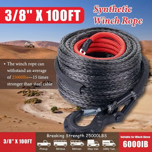 حبل ونش صناعي من Carforu مقاس 5/16 بوصة × 50 قدمًا، حبل كابل ونش صناعي بوزن 13000 رطل مع أكمام واقية + خطاف ونش مزخرف للمركبات على الطرق الوعرة ATV UTV SUV شاحنة قارب ونش ملحق in Kuwait