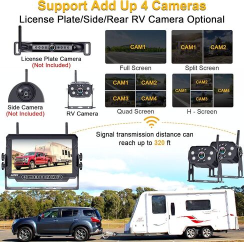 AMTIFO RV Backup Camera Wireless HD 1080P Trailer Bluetooth Rear View Cam System Touch Key 7'' DVR Monitor Split Screen 4 Channels for Truck Camper Adapter for Furrion Pre-Wired RVs A7 in Kuwait