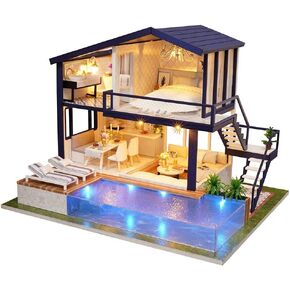DIY Design of Wood, with Lights+Private Swimming Pool, Miniature with All Furniture, Villa, Decompression Game, a Game Adults(with Dustcover or NO)(Without