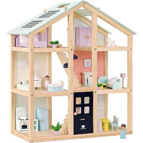 Wooden Dollhouse, Doll House with 38Pcs Furniture Accessories,3 Story Large Doll House, 6 Rooms Pretend Dollhouse, Gift for Girl Ages 3+