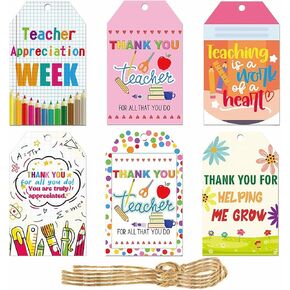 60 Pcs Teacher Appreciation Gift Tags with String Thank You Teacher Tags for Teacher Appreciation Week Wrap Presents Decorations