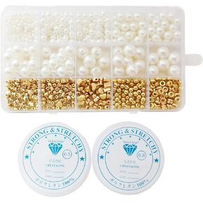 720pcs Artificial Pearl Beads and Golden Spacer Beads for DIY Jewelry Making with 2 Rolls of Elastic Cord, DIY Elegant Bracelet Necklace Friendship Handmade Craft Supplies - Jewelry Making Kits