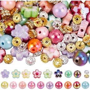 Sunnyclue 144pcs Cherry Flower Beads Beadable Bead Bead Bead Bead Bead Collfullulfullulful Spring Flowers الزهور الزهري الزهري أزهار جولة Rhinestone Roulding Abes Bead Kit لمجوهرات صنع سلسلة مفاتيح DIY