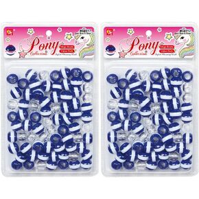 142 Pcs Beads Jewelry Making Kit DIY Hair Braiding Bracelet Ornaments Crafts Striped Mega 16mm Round Pony +2 Beaders Included (Navy Blue/Clear)