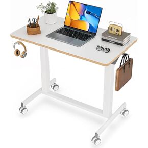 JOY worker Mobile Standing Desk, 35In Small Standing Desk with Drawer, Pneumatic Height Adjustable Rolling Cart Holds Up to 33lbs, Mobile Laptop Workstation with Dual Handles & Columns, Dark Walnut