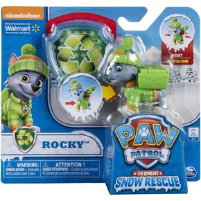 Paw Patrol Snow Rescue – Rocky with Transforming Pup Pack and Badge