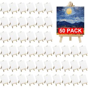 50 Pack Mini Canvas and Easel Set Bulk, 4x4 inch Small Canvases with Mini Easels for Painting, Art Painting Parties Supplies Wood Easel Stand with Canvas Panels Set for Kids School
