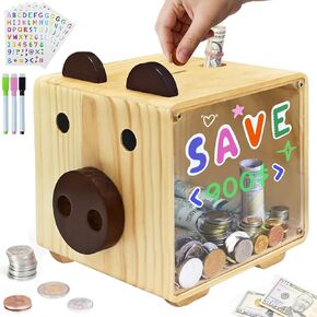 Aerwo Wooden Piggy Bank for Kids ، DIY DIY Piggy Bank for Boys Girls with Alted Antings and Sticks ، وتوفير أموال مع جوانب واضحة ، هدية شخصية أطفال مصنوعة من البنوك لعيد ميلاد عيد الميلاد