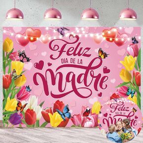 Feliz Día De La Madre Backdrop 7x5FT Pink Tulip Mexican Happy Mother's Day Decorations Best Mom Ever Photography Background Thanks Mother Party Supplies