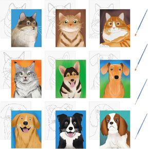 قماشية مسبقة مسبقًا ، 9 أجهزة كمبيوتر مثقفة ، قم بقطعة Cat و Dog Canvas Papers Animal Pre Canvas Diy جاهزة لطلاء مجموعة مخططات مع 4 هدايا للفنون الفرش
