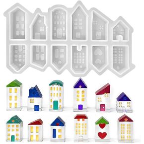 RESINWORLD 12-Grid Mini House Silicone Mold Set, Small House Silicone Molds for Resin, Concrete, Clay, Candle Wax Casting, Home Decoration